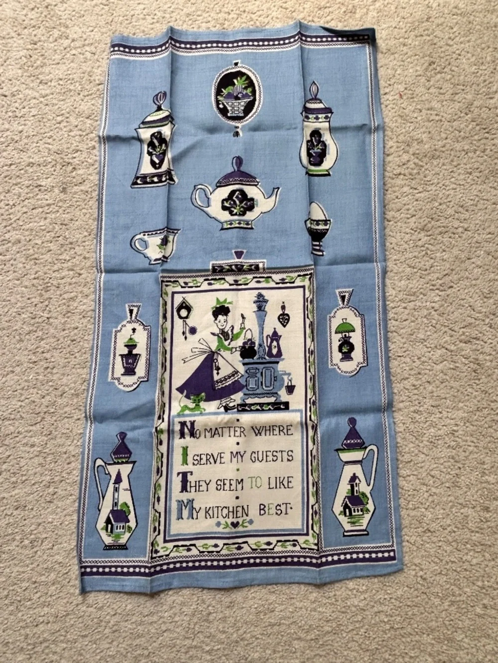 Vintage kitchen tea towel Teapot Woman Cat Stove Printed Cross Stitch